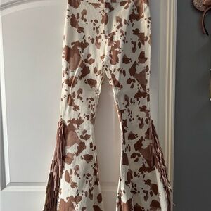Cow Print Flare Pants with Fringe
